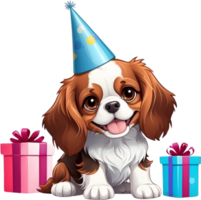 ai généré une dessin animé chien portant une anniversaire chapeau et boite cadeau png