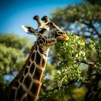ai generado jirafa comiendo hojas desde un árbol. retrato vista. alto calidad. ai generativo foto