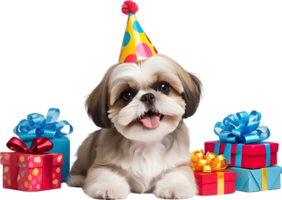 AI generated dog with birthday hat and gift box png