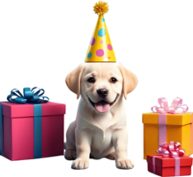 ai gegenereerd hond met verjaardag hoed en geschenk doos png