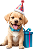 ai gegenereerd hond met verjaardag hoed en geschenk doos png