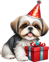 ai généré chien avec anniversaire chapeau et cadeau boîte png