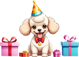 ai gegenereerd hond met verjaardag hoed en geschenk doos png