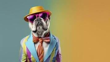 AI generated Cool looking bulldog wearing funky fashion dress. space for text right side. AI Generated photo