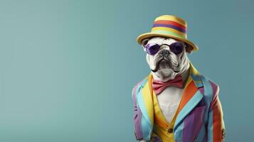 AI generated Cool looking bulldog wearing funky fashion dress. space for text right side. AI Generated photo