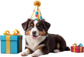 AI generated a dog with a birthday hat and presents png