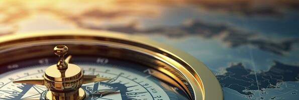 AI generated Magnetic compass and location marking with a pin on routes on world map. AI Generated photo