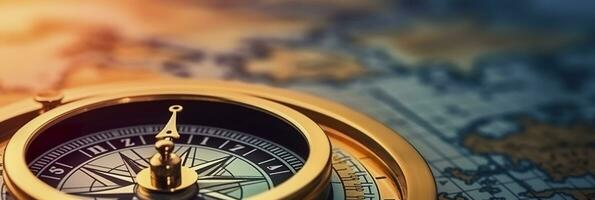 AI generated Magnetic compass and location marking with a pin on routes on world map. AI Generated photo