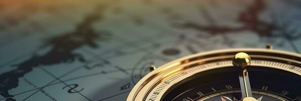 AI generated Magnetic compass and location marking with a pin on routes on world map. AI Generated photo