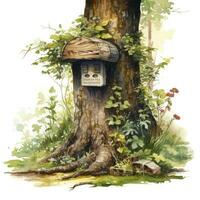 AI generated Watercolor mailbox in a tree on a white background. AI Generated photo