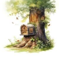 AI generated Watercolor mailbox in a tree on a white background. AI Generated photo