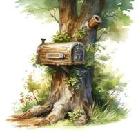 AI generated Watercolor mailbox in a tree on a white background. AI Generated photo
