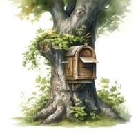AI generated Watercolor mailbox in a tree on a white background. AI Generated photo