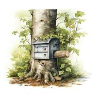 AI generated Watercolor mailbox in a tree on a white background. AI Generated photo