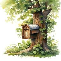 AI generated Watercolor mailbox in a tree on a white background. AI Generated photo