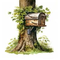 AI generated Watercolor mailbox in a tree on a white background. AI Generated photo