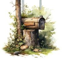 AI generated Watercolor mailbox in a tree on a white background. AI Generated photo