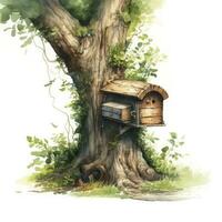 AI generated Watercolor mailbox in a tree on a white background. AI Generated photo