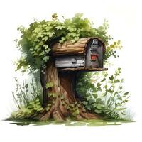 AI generated Watercolor mailbox in a tree on a white background. AI Generated photo