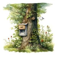 AI generated Watercolor mailbox in a tree on a white background. AI Generated photo