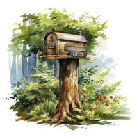 AI generated Watercolor mailbox in a tree on a white background. AI Generated photo