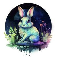 AI generated Watercolor Rabbit and Glowing Moon for T-shirt Design. AI Generated photo