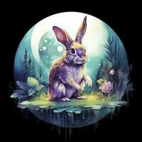 AI generated Watercolor Rabbit and Glowing Moon for T-shirt Design. AI Generated photo