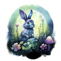 AI generated Watercolor Rabbit and Glowing Moon for T-shirt Design. AI Generated photo