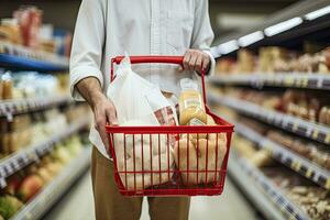 AI generated Man holding shopping basket with bread and milk groceries in supermarket. AI Generated photo