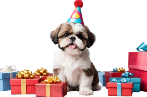AI generated dog with birthday hat and gift box png