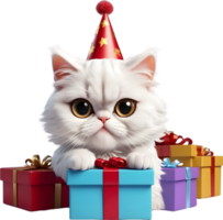 ai generiert glücklich Geburtstag Kitty Clip Art mit Party Hut und Geschenkbox png