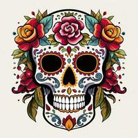 AI generated Mexican roses skull. Mexican roses skull. Dia de los muertos shugar colorful head. AI Generated photo