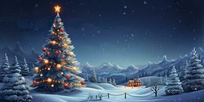 AI generated House with Christmas tree in winter for Merry Christmas and Happy New Year. AI Generated photo