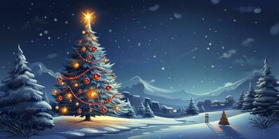 AI generated House with Christmas tree in winter for Merry Christmas and Happy New Year. AI Generated photo