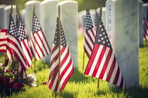 AI generated Military Headstones and Gravestones Decorated With Flags for Memorial Day.  AI Generated photo