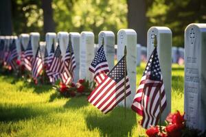 AI generated Military Headstones and Gravestones Decorated With Flags for Memorial Day.  AI Generated photo