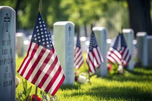 AI generated Military Headstones and Gravestones Decorated With Flags for Memorial Day.  AI Generated photo