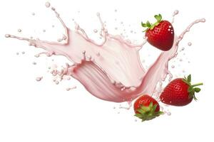 ai generado Leche o yogur chapoteo con fresas aislado en blanco fondo, 3d representación. ai generado foto