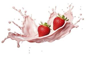 AI generated milk or yogurt splash with strawberries isolated on white background, 3d rendering. AI Generated photo