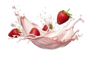 AI generated milk or yogurt splash with strawberries isolated on white background, 3d rendering. AI Generated photo