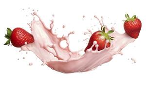 AI generated milk or yogurt splash with strawberries isolated on white background, 3d rendering. AI Generated photo