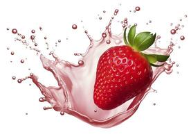 AI generated milk or yogurt splash with strawberries isolated on white background, 3d rendering. AI Generated photo