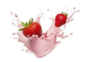 AI generated milk or yogurt splash with strawberries isolated on white background, 3d rendering. AI Generated photo