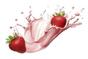 AI generated milk or yogurt splash with strawberries isolated on white background, 3d rendering. AI Generated photo