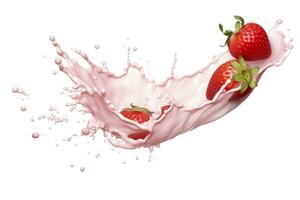 AI generated milk or yogurt splash with strawberries isolated on white background, 3d rendering. AI Generated photo