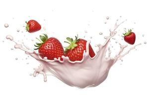 AI generated milk or yogurt splash with strawberries isolated on white background, 3d rendering. AI Generated photo