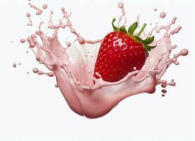 AI generated milk or yogurt splash with strawberries isolated on white background, 3d rendering. AI Generated photo