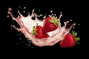 AI generated milk or yogurt splash with strawberries isolated on white background, 3d rendering. AI Generated photo