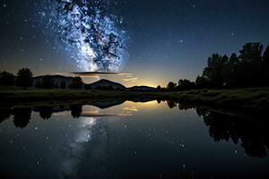 ai generado lechoso camino reflejado en lago. ai generado foto