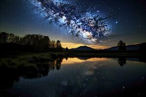 AI generated Milky Way Reflected on Lake. AI Generated photo